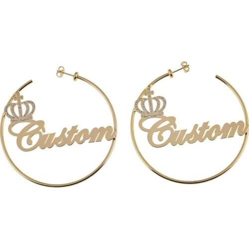 Trendy Hyperbole Crystal Gold Plated Earrings Stainless Steel Hoops Big Earrings with Crown Custom Name Jewelry for Girl Womens