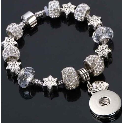 Fashion Snowflak Strand Crystal Bead Glass Link Bracelet 183 18mm Snap Button Charm Bangle Jewelry For Women Teenagers Gift 20cm