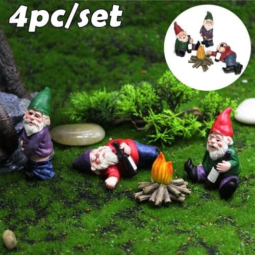 4pcs Mini Dwarf Bonfire Statues Set Fairy Garden Drunk Gnomes Miniature Ornaments For Planter Garden Flowerpot Decor Accessories