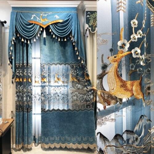 New Chinese Style Modern Cashmere Fawn Embroidery Curtains for Living Room Bedroom Hollow Embroidery Classical Curtain Valance