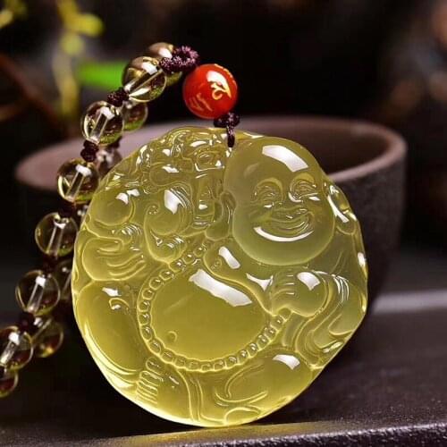 Wholesale Yellow Natural Crystal Pendants Carved Big belly Maitreya Pendant Sweater Chain Necklace Luck for Women Men Jewelry