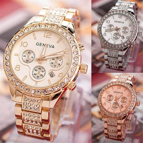 Wholesale Geneva Womens Luxury Watches Fashion Quartz Wrist Watches Stainless Steel Strap Rhinestone Luxurious Decor