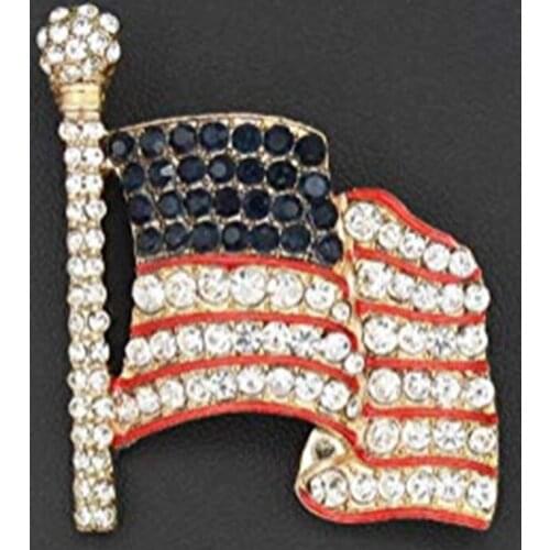 Patriotic American USA Flag Rhinestone Pin Brooch Gold Tone