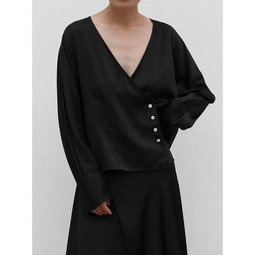 JIUNINE Original Design Heavy Silk Shirt Mulberry Silk Loose Asymmetric V-neck Satin Top Long Sleeves shirt womens clothing