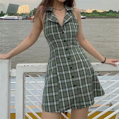Sexy V-neck Women Mini Dress Y2K Plaid Summer Vintage Shirt Dress Backless Casual Skinny Party Outifits Clubwear