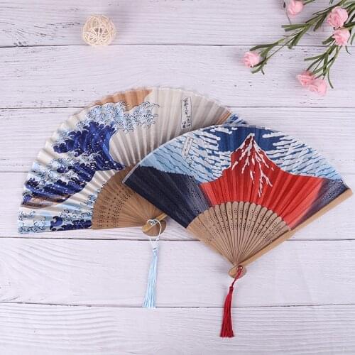 Silk Hand Fan Mount Fuji Kanagawa Waves Japanese Folding Fan Pocket Fan Wedding Accessories Decoration Gift Event Supplies