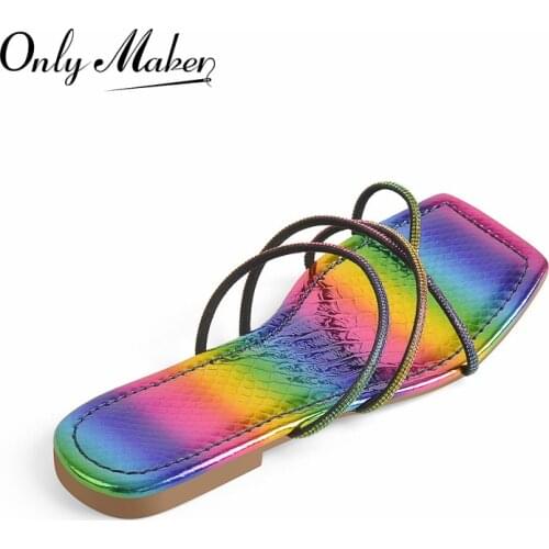 Onlymaker Summer Slip-On Flip Flops Sandals Square Toe Multicolor Crystal Bordered Narrow Band Flats Slippers Big Size Beach