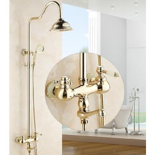 Shower Faucets Luxury Gold Color Bath Shower Set Wall mounted Bathtub Faucet Rainfall Head Handheld Spray Mixer Taps Q