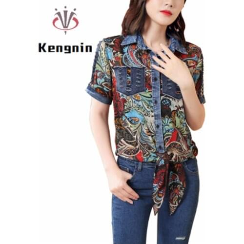 Tops Women 2021 Summer Denim Chiffon Patchwork Ladies Blouse and Shirts Hollow Out Print Womens Clothing Womens Blouse KE1391