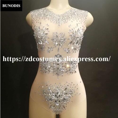 ZD264 Women Sexy Bodysuit Net Yarn Full Of Glass Sparkling Crystals Jumpsuit Nightclub Party Dancer Singer Stage Wear