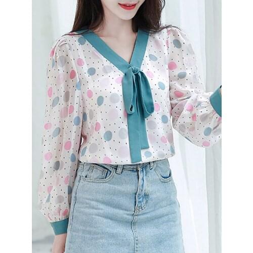 Blouse Women Blusas Mujer De Moda 2021 V-neck Dot Print Chiffon Blouse Shirt Long Sleeve Women Blouses Shirts Tops Blusa D421