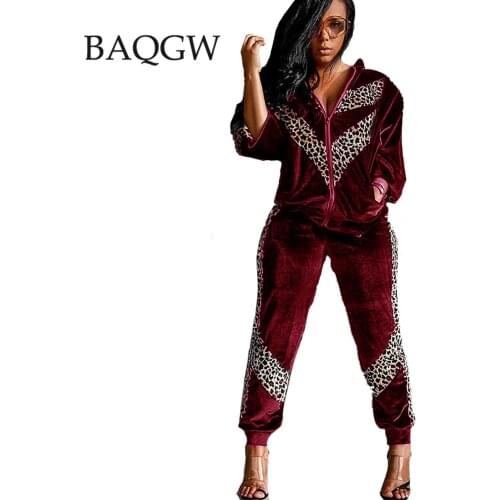Womens Velvet Fall/winter Leopard Print Warm Tracksuits Velour Sweatsuit Women Hoodies and Pants Sportswear Two Piece Sets 2XL