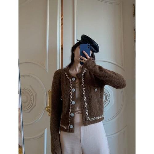 New 11.16 Autumn Winter Diamonds Button Knitted Cardigan Women Vintage Fashion Sweater Knitwear