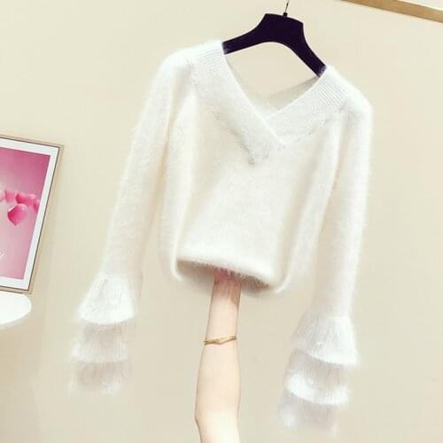 Ruffles Knitted Women Sweater Pullovers V-Neck Flare Sleeved Loose Office Lady Elegant Pulls Outwear Tops
