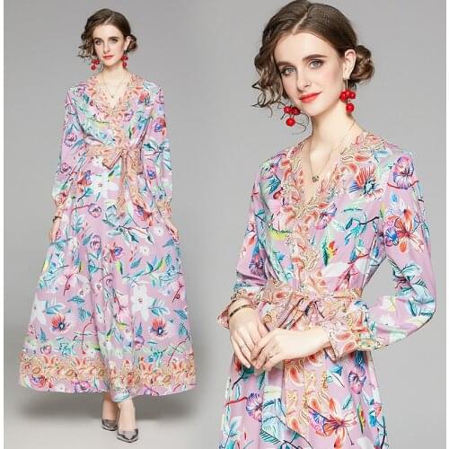 Europe and America Fashion Luxury Design Floral Print Maxi Dress V Neck Tunic Dress 2021 Long Sleeve England Style Robe Femme