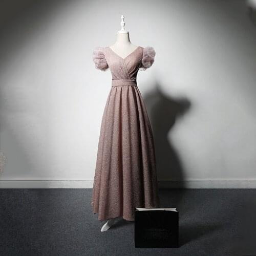 Evening Dress Sequins V-Neck Empire A-Line Short Sleeves Lace Up Ankle-Length Simple Elegant Party Formal Dresses Woman B1014