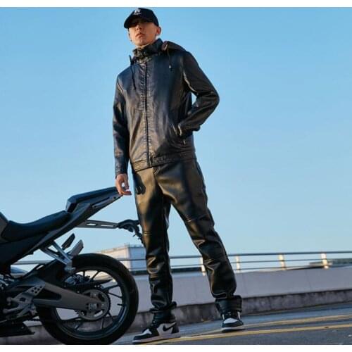 Winter motorcycle leather jacket men faux leather coat and leather pants 1 set plus velvet thicken jaqueta de couro hooded black