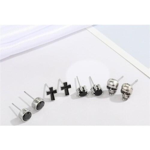 1Pair Punk Gothic Metal Skull Cross Stud Earrings For Men Women Hip Hop Eagle Paw Round Black Zircon Small Ear Stud Jewelry E754