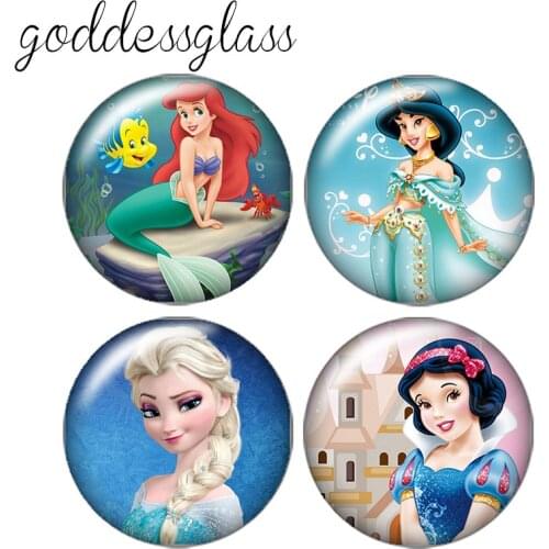 Disney Princess Elsa Ariel Snow white 10pcs 12mm/18mm/20mm/25mm Round photo glass cabochon flat back Bracelets Making findings