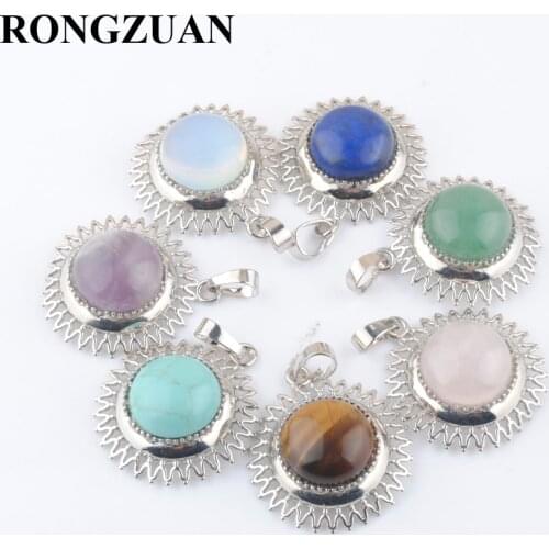 10Pcs/lot Sun Pendants Round Cabochon Stone Tigers Eye Turquoises Amethysts Reiki Chakra Jewelry For Necklace Earrings TBN428