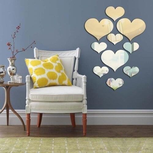 10Pcs Romantic Love Heart 3D Mirror Effect Wall Art Sticker Wall Decals Home Decor