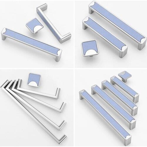 3.78" 5" 6.3" 7.55" Light Blue Leather Door Knob Square Cabinet Pull Handle Zinc Alloy Closet Drawer Knobs Modern Simple Handles