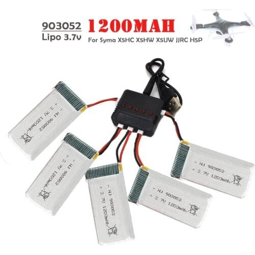 RC Drone Battery 3.7V 1200mAh XH2.54 Plug For Syma X5SW X5SC X5C JJRC H5P Drone Parts with Lipo Charger 903052