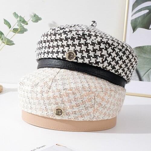 JIN-Swhbias 2020 New Berets for Women Woolen Plaid Octagonal Hat Autumn Winter Vintage Painter Hats with Metal Button Black
