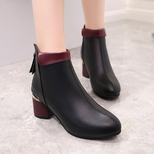 Ankle boots high-heeled shoes For women Autumn winter warm plush heels for women real leather fashion pointed zipper short for w
