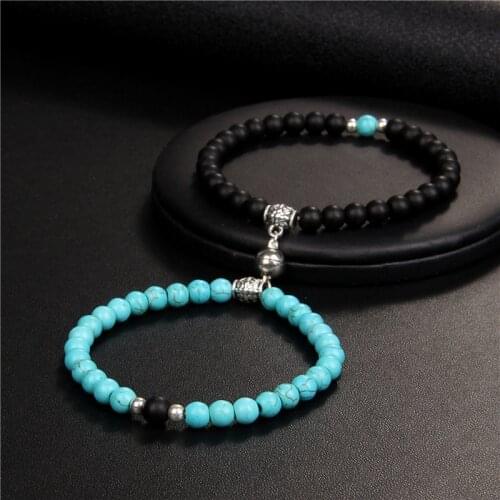 Fashion 2pcs/set Natural Stone Beads Bracelet Couples Round 6mm Turquoises Onyx Beaded Magnet Bracelet Jewelry for Women Men