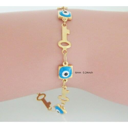 FOROMANCE / 7.3"+1.8" LADY YELLOW GOLD PLATED EVIL EYE ENAMELED 2 STYLES EVIL EYE WITH KEY OR CROWN LINK PART BRACELET