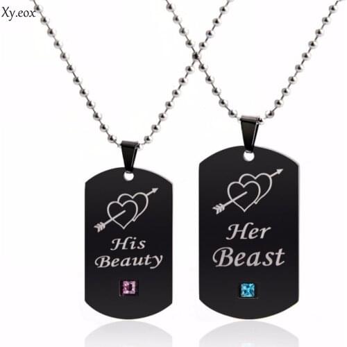 Stainless Steel His and Her His Beauty Her Beast Lover Couple Dog Tag Necklace