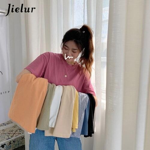 Jielur Basic T Shirt Women O-neck Solid Color Tee Shirt 8 Colors Summer Top Korean Hipster Tshirt Loose Slim Chic Harajuku Tee