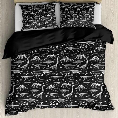 Cartoon Bedding Set Dinosaur Skeleton Pattern Duvet Quilt Cover and Pillowcase Black Home Textile Comforter Cover for Kids Boys