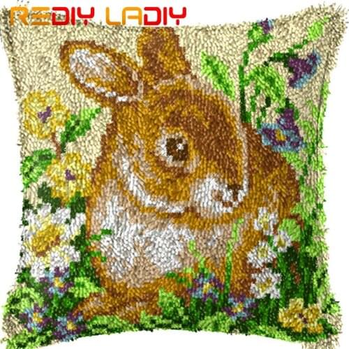 Latch Hook Cushion Rabbits Flowers Pillow Case Printed Color Canvas Acrylic Yarn Latched Hook Pillow Crochet Cushion Cover Kits