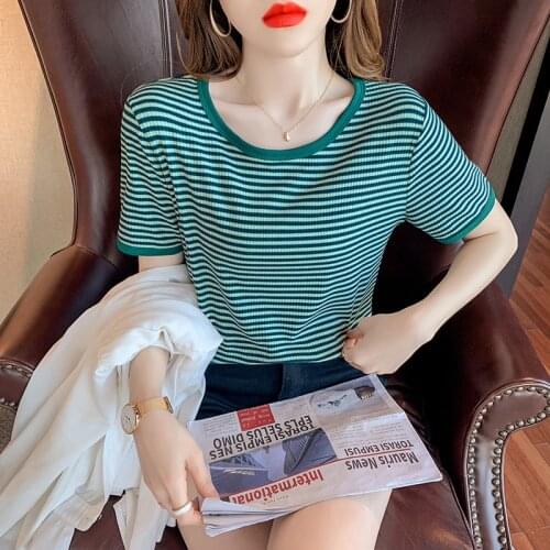 Summer New Retro Loose stripe Women O-neck T-shirts Tops Korean Fashion Women T shirt streetwear women top