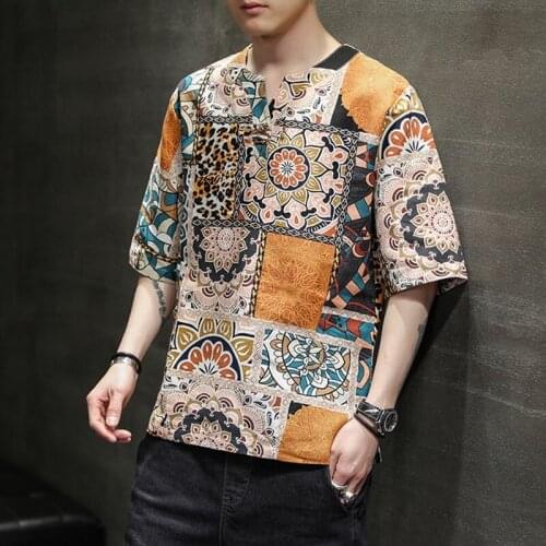 Summer Men Cotton Linen Blouse Short Sleeve T Shirt Chinese Traditional Clothes Male Hanfu Tang Suit Streetwear Tees Tops KK3509