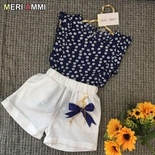 MERI AMMI 2 pcs Set Children Girl Clothing Outfit Set Sleeveless Floral Tee +Bowknot Shorts For 2-7 Year Girl