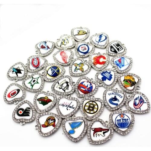Mixs 30pcs/lot Heart Crystal Glass Ice Hockey Team Logo Silver Pendant Dangle Charms For Women Necklace Bracelet DIY Jewelry