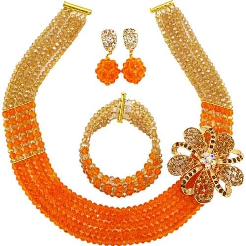 Fashion Gold AB Orange Crystal Beaded Necklace Nigerian Wedding African Beads Jewelry Set for Women 5L-SXJB12