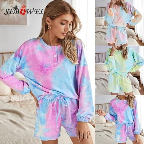 SEBOWEL Fashion Womens Autumn Spring Casual Suit 2020 Female Two Piece Set Tie Dye Print Long Sleeve T-shirt Shorts Tracksuit