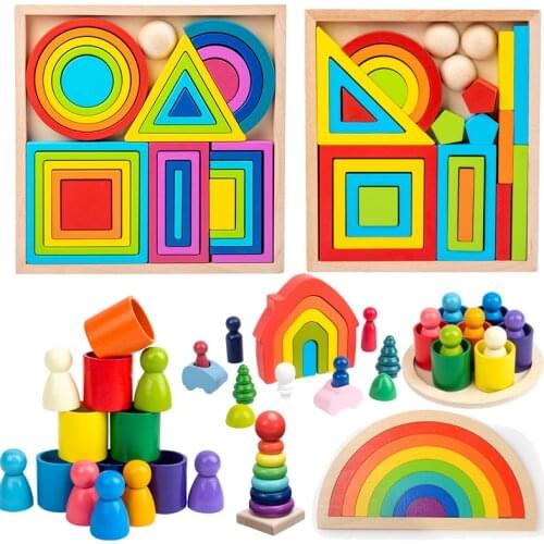Montessori Kids Rainbow Nesting Stacking Toys Wooden Building Blocks Balance Jenga Game Art Geometric Creative Educational Toys