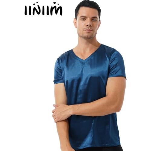Iiniim Men Male V Neck Short Sleeve Satin Casual T-Shirt Loose Pajamas Tops Solid Color Loungewear Sleepwear Nightwear