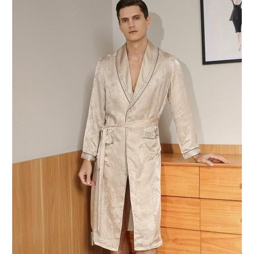 19MM 100% real silk robes men Spring and summer jacquard satin mens silk nightgown long-sleeved simple mulberry silk nightgown