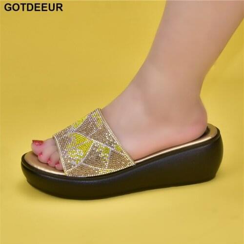 Latest Women Pumps with Rhinestone Platform Wedges Womens Shoes Thick Heel Open Peep Toe Sandals Leather Summer Style Slide