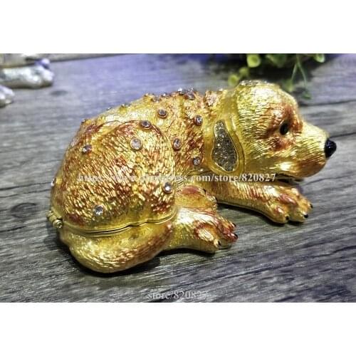 2018 New Dog Hinged Trinket Box Bejeweled Hand-painted Ring Holder Animal Figurine Dog Crystal Jeweled Keepsake Jewelry Box