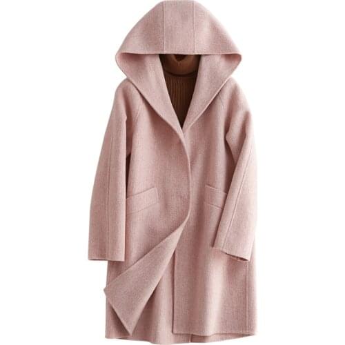 2020 New Two-sided Woollen Overcoat Girls Long Fund Even Hat Wool Loose Coat