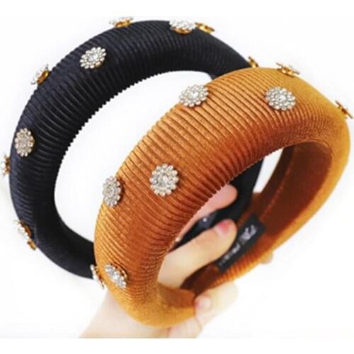 Thick Velvet Padded Hairband Crystals Women Trendy Headdress Solid Sponge Headband Ladies Wide Rhinestones Head Band Hair Hoop