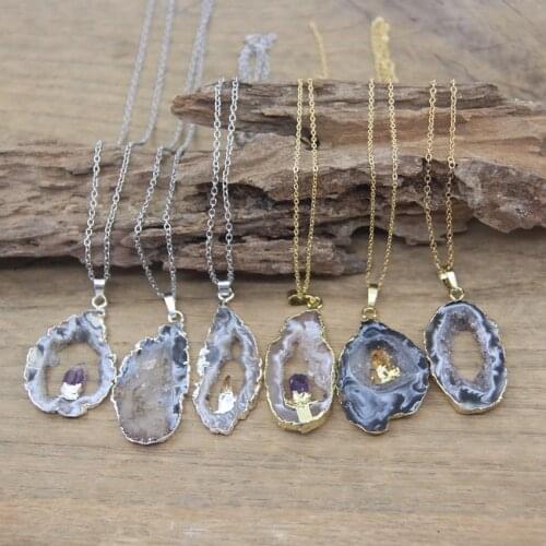 Natural Agates Geode Pendants Necklaces,Healing Crystal Amethysts Citrines Quartz Druzy Drusy Chams Chains Women Jewelry,QC3003