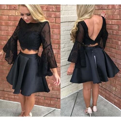 Black Juliet Long Sleeves Homecoming Prom Dress Short Jewel Neck Sequin Beaded Two Pieces Satin Party graduation Cocktail Dress